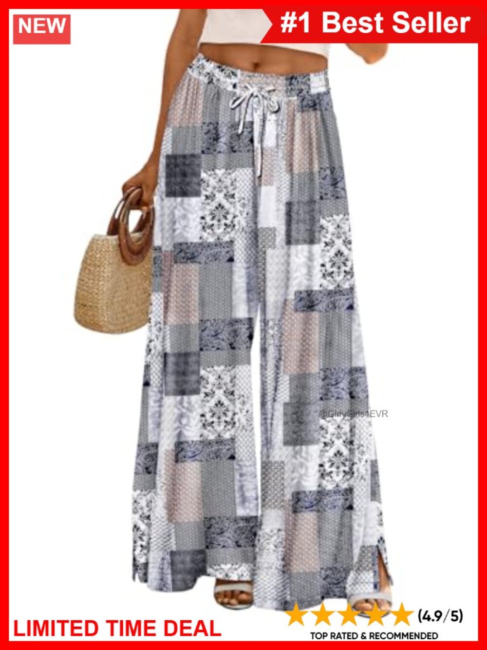 Wide Leg Palazzo Pants Drawstring Elastic Waist Flowy Lounge Beach Trousers